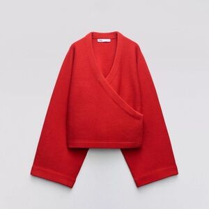 NWT Red 100% Wool Cropped Kimono Wrap Cardigan Sweater - Size M